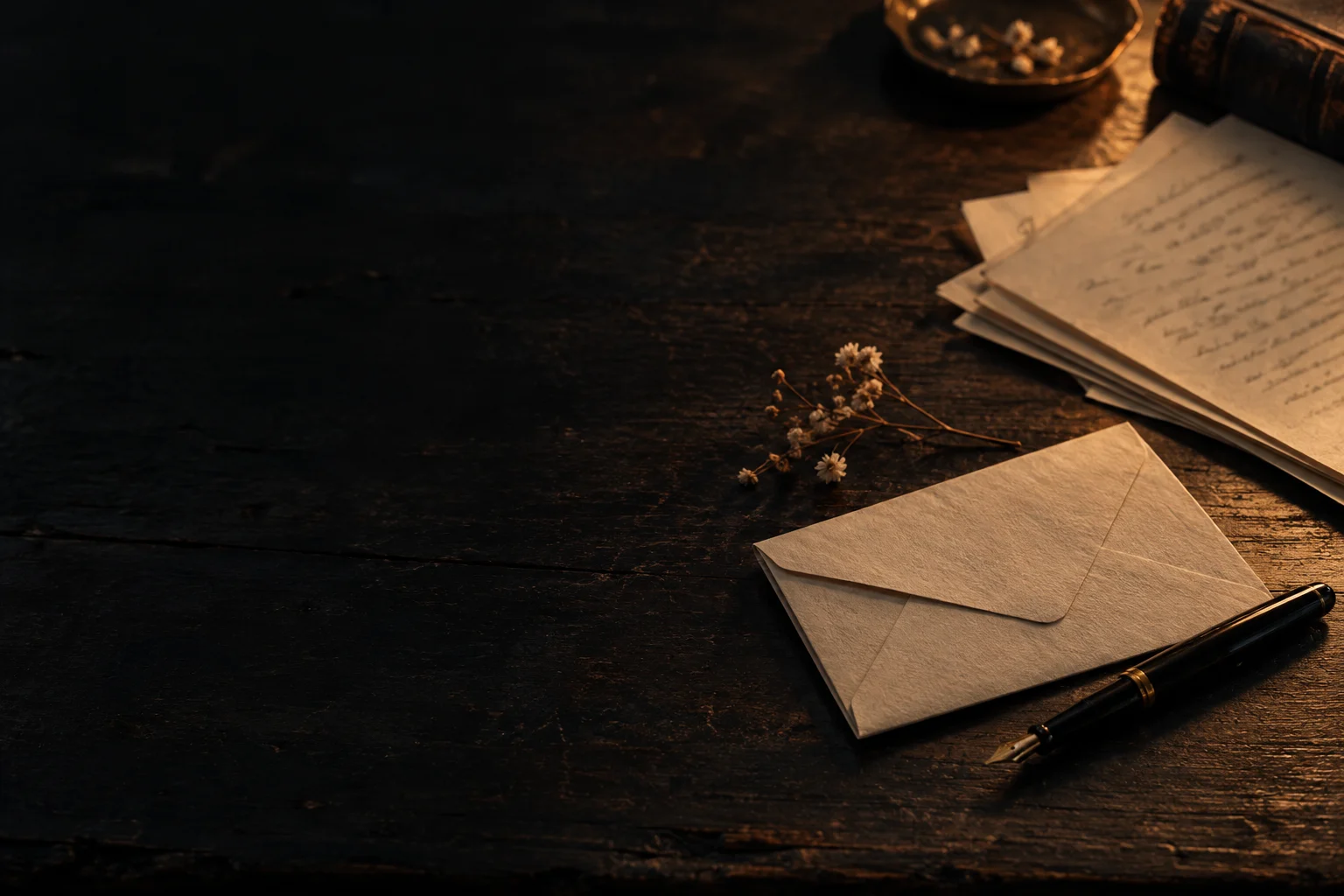 An unsent letter and fountain pen on a dark writer’s desk